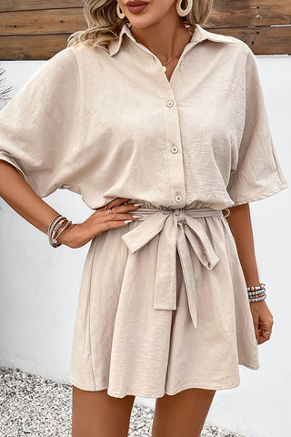 Solid Color Lapel Tie Waist Casual Romper