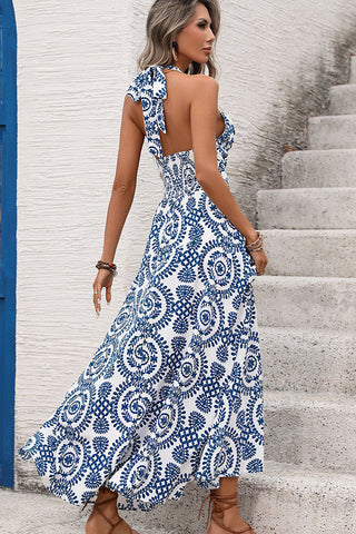 Deep V Neck Printed Halter Neck Dress