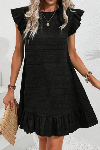 Solid Color Ruffle Sleeves Round Neck Dress