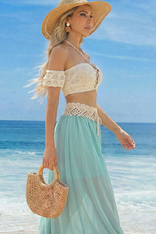 Fashion Crochet Hollow Chiffon Dress Two Piece Set