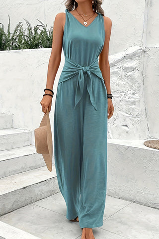 Solid Color V Neck Knot Front Jumpsuit