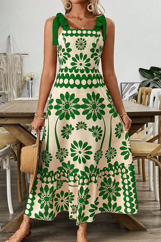 Boho Style Printed Tie Shoulder Smocked Back Dress