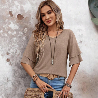 Solid Color Layered Sleeve Causal Tops