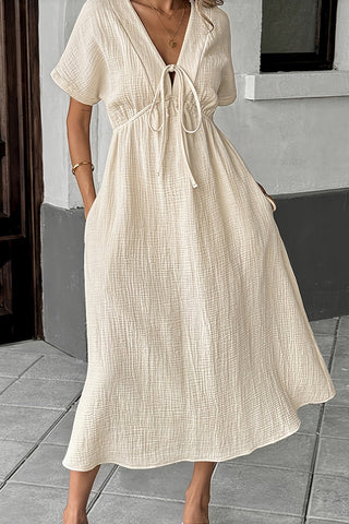 Deep V Neck Tie Front Solid Color Dress