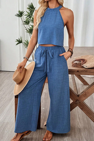 Fashion Solid Halter Neck Casual Two Piece Set