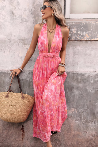 v halter neck dress Deep V Neck Printed Pleated Halter Neck Dress – Beachsissi