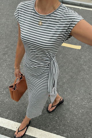 Stripe Print Knot Side Slit Design Dress