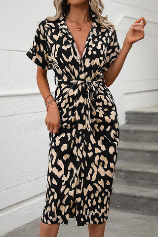 Leopard Print V Neck Button Tie Waist Dress