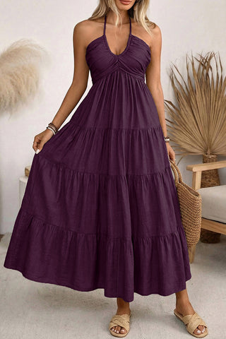 V Neck Smocked Back Halter Neck Maxi Dress