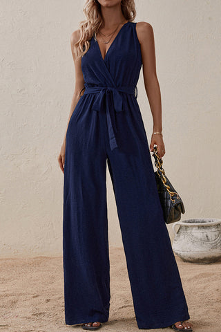 V Neck Solid Color Tie Waist Casual Jumpsuit