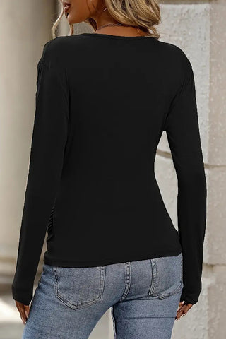 Solid Color V Neck Ruched Casual Top