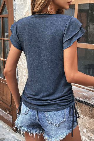 V Neck Layered Sleeves Drawstring Side Top