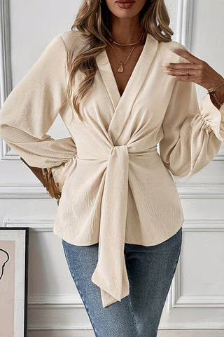 V Neck Knot Front Solid Long Sleeve Top