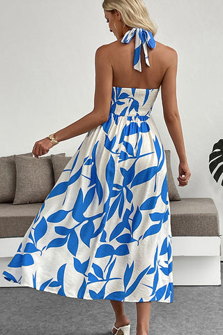 V Neck Leaf Print Slit Design Halter Neck Dress