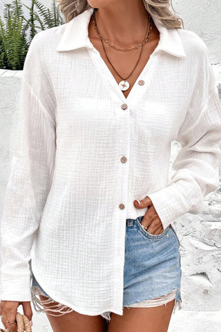 Solid V Neck Lapel Button Casual Shirt