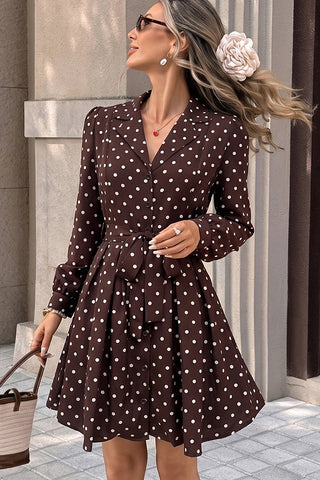 Polka Dot Print Lapel Tie Waist Mini Dress