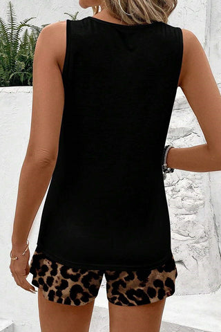 Leopard Print Round Neck Casual Two Piece Set