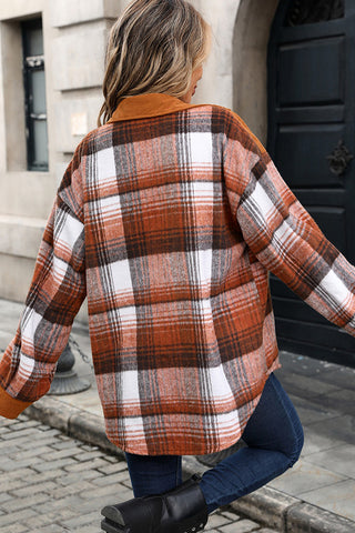 Plaid Lapel Long Sleeve Corduroy Tweed Coat