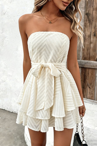 Solid Bandeau Smocked Back Tie Waist Mini Dress