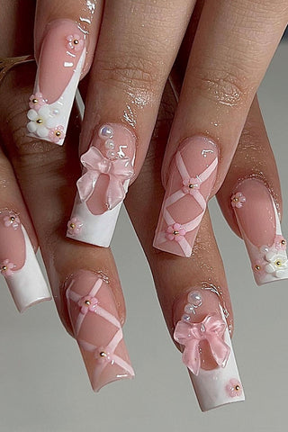 Lovely Pink Bow Flower False Nail Tips