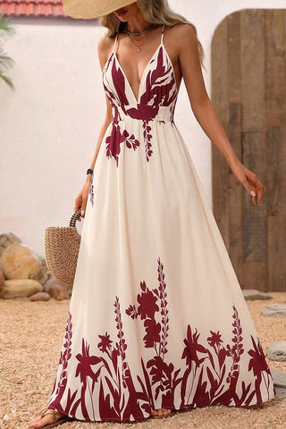 Deep V Neck Printed Back Cross Maxi Dress