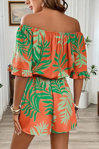 Leaf Print Off The Shoulder Tie Waist Romper