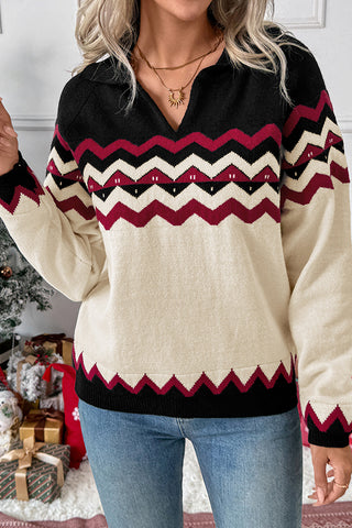 Color Block Vintage Style V Neck Sweater