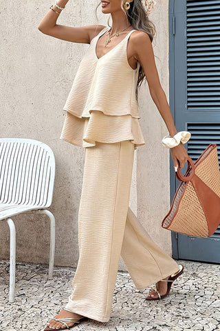 V Neck Solid Layered Casual Two Piece Set