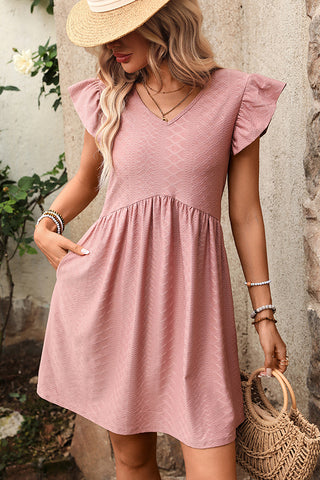 Solid Color Ruffle Sleeves Casual Dress