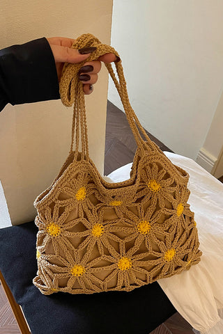 Color Block Flower Design Hollow Weave Bag