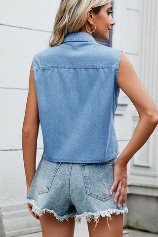 Fashion Lapel Button Knot Front Denim Shirt