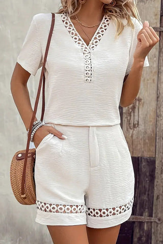 V Neck Solid Hollow Design Two Piece Set