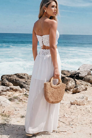 Solid Bandeau Knitted Hollow Two Piece Set