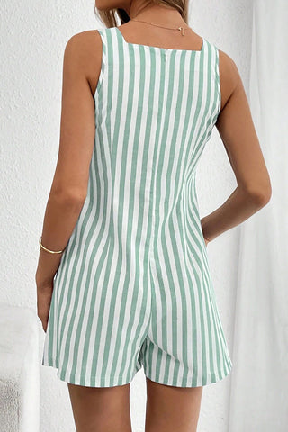 Stripe Print U Neck Button Casual Romper