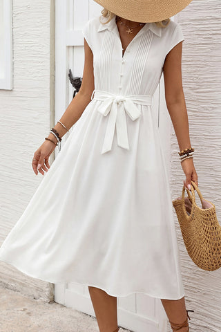 Solid Color Lapel Tie Waist Casual Dress