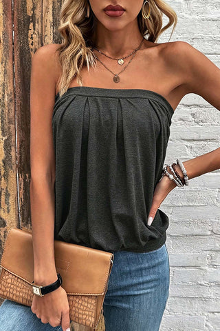 Fashionable Solid Bandeau Pleated Casual Top
