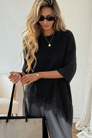 Lace Patchwork Asymmetrical Hem Casual Tops