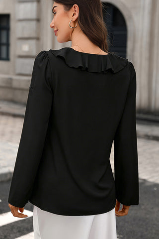Solid V Neck Ruffles Loose Long Sleeve Top