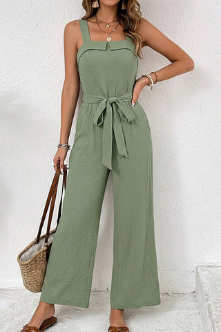 Solid Color Sleeveless Tie Waist Jumpsuit