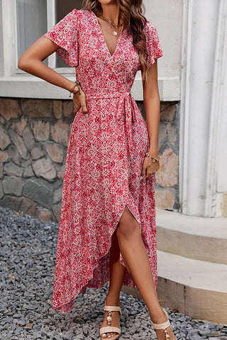 V Neck Printed Tie Waist Asymmetrical Hem Dress
