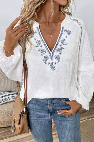 Fashion V Neck Embroidery Casual Top