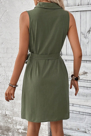 V Neck Solid Color Lapel Tie Waist Dress