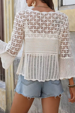 Solid Color Hollow Long Sleeve Knitted Tops