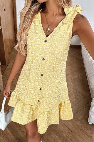 V Neck Bow Straps Jacquard Button Dress