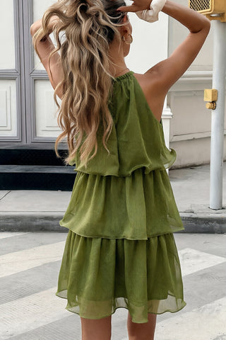 Solid Color Halter Neck Layered Hem Dress