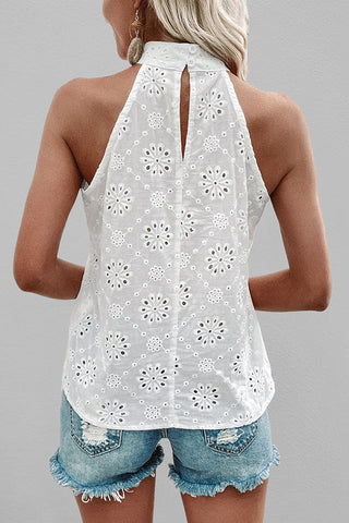 White Jacquard Halter Mock Neck Casual Top