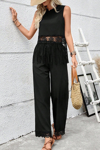 Lace Patchwork Solid Tassel Two Piece Set