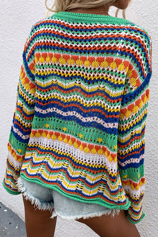Color Block Hollow Knitted Open Front Cardigan