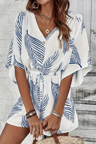 V Neck Printed Button Tie Waist Casual Romper