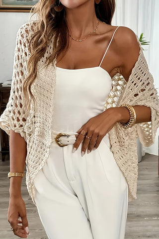 Solid Color Crochet Hollow Open Front Cardigan